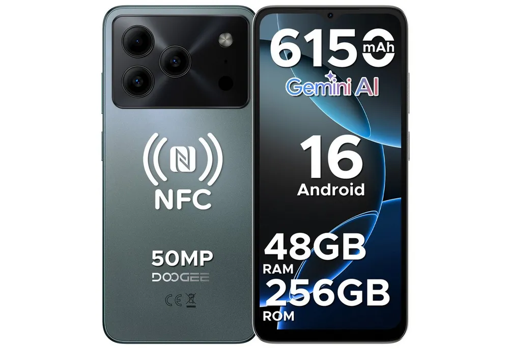 DOOGEE NOTE 56 PLUS Android 16 Handy, 48GB RAM (6 + 42GB)+256GB 6.56" HD+ Smartphone (16,6 cm/6,56 Zoll, 256 GB Speicherplatz, 50 MP Kamera, 50MP AI Kamera, 6150mAh Akku, 90Hz Display, NFC & Fingerabdruck)