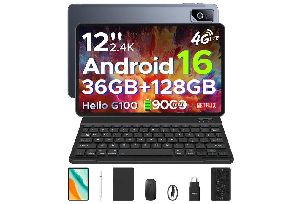 DOOGEE Tab G6 Pro 12'' Tablet mit Tastatur Android 16, 2.4K 90Hz, 128GB/2TB Tablet (12", 128 GB, Android 16, Wifi, Helio G100 Octa-Core, 9000mAh, 8GBRAM, Face ID/Gemini AI)