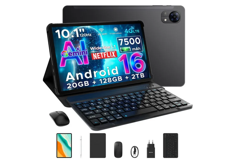DOOGEE TabG5 10'' Tablet mit Tastatur, Android 16, 120Hz, 7500 mAh, ultradünn Tablet (10", 3 GB, Android 16, 8 MP, T7200 Octa-Core, Gemini AI, 4G LTE/5G WIFI, Widevine L1/Face ID)