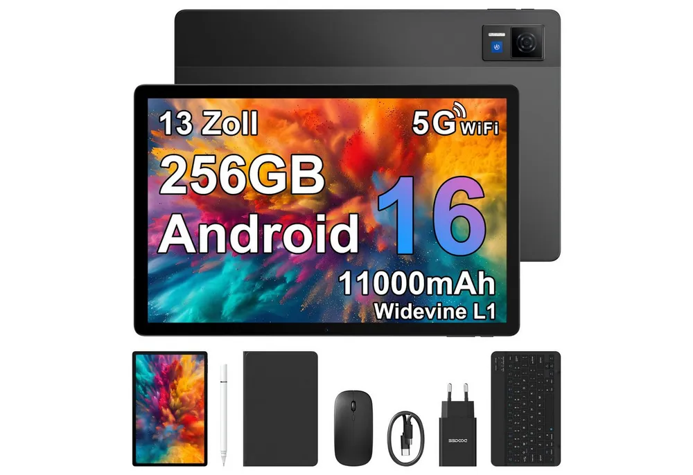 DOOGEE U13 Android 16, 32GB RAM+256GB ROM (2TB TF), 11000mAh Tablet (13", 256 GB, Android 16, Tablet-Set inkl. Stift, Tastatur, Maus, Schutzhülle, 5G WiFi, 13MP+5MP)