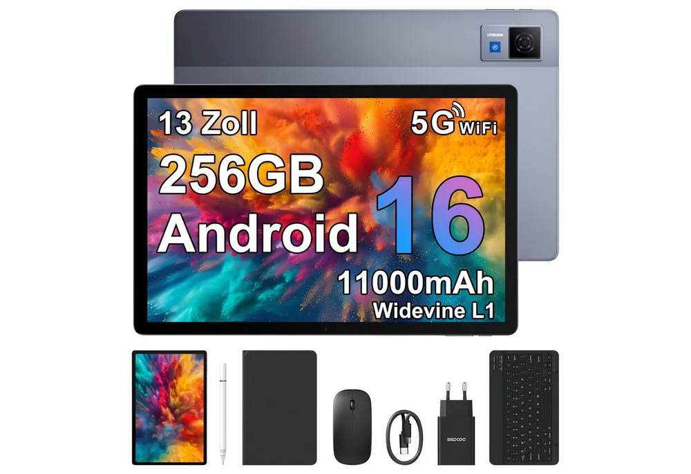 DOOGEE U13 Android 16, 32GB RAM+256GB ROM (2TB TF), 11000mAh Tablet (13", 256 GB, Android 16, Tablet-Set inkl. Stift, Tastatur, Maus, Schutzhülle, 5G WiFi, 13MP+5MP)
