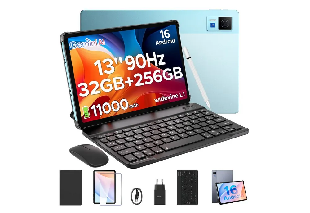 DOOGEE U13 Android 16 Tablet mit tastatur, 13 Zoll, 6+256GB, 11000mAh, gaming Tablet (13", Android 16, 90Hz, 13MP+8MP, 7,8mm dünn, WiFi5, GPS, Tastatur+Stift+Maus+Hülle Set)