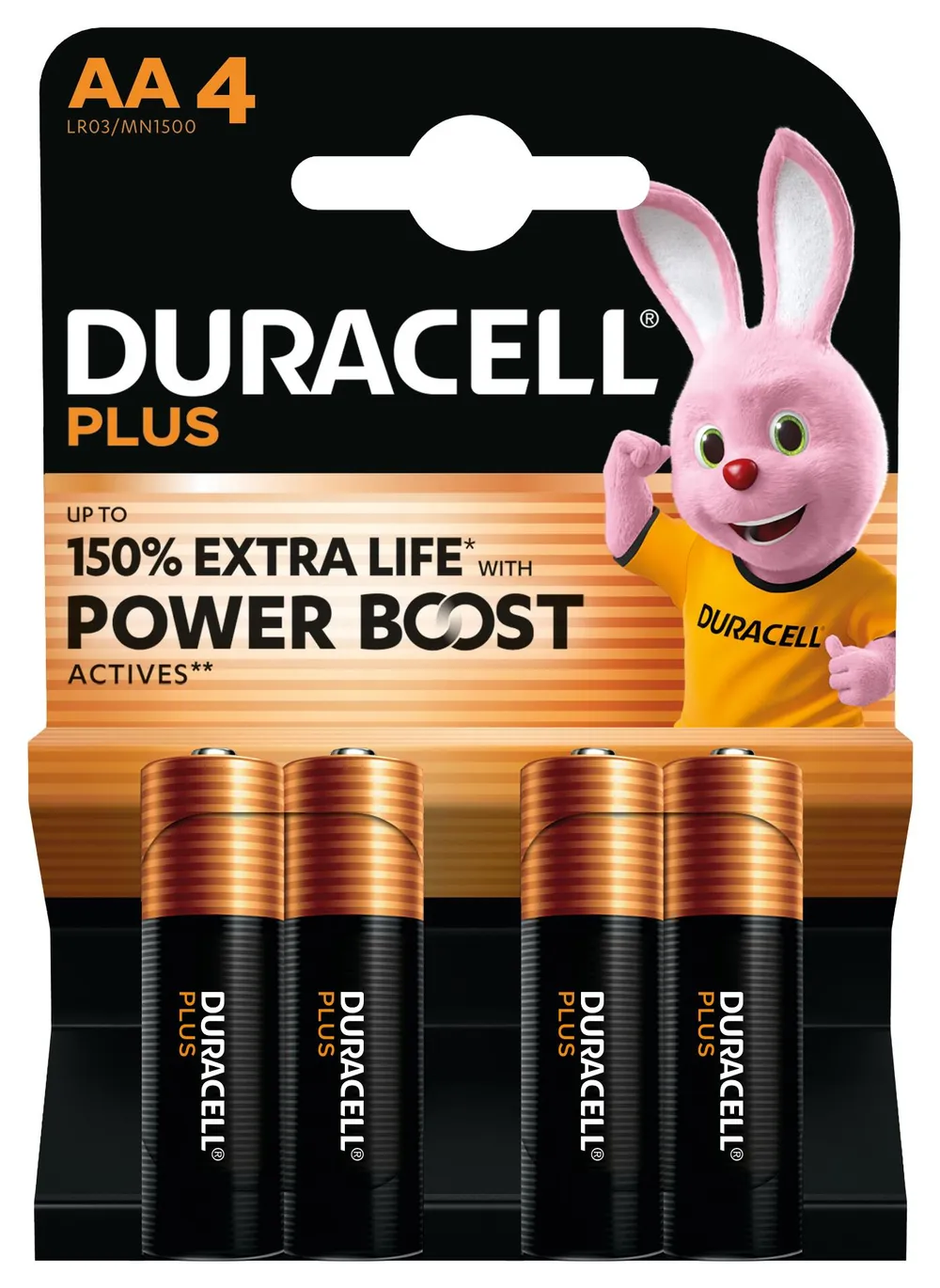 DURACELL Alkaline-Mignon-Batterie LR06, 1,5V, Plus, Power Boost, 4 Stück