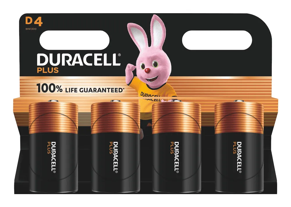 DURACELL Alkaline-Mono-Batterie LR20, 1.5V, Plus, 4 Stück