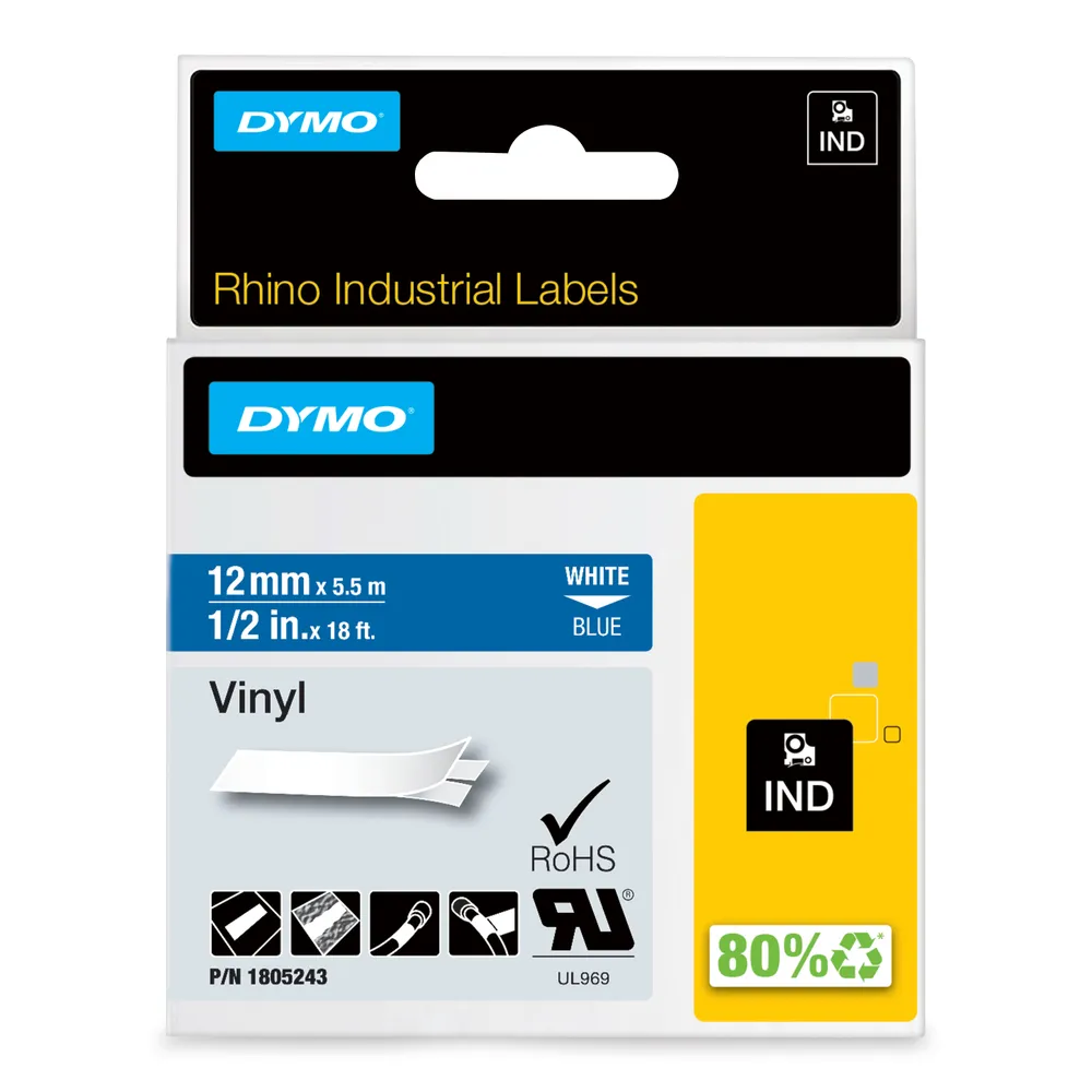 Selbstklebende Vinyl-Etiketten DYMO Rhino 12 mm x 5,5 m Weiß auf Blau