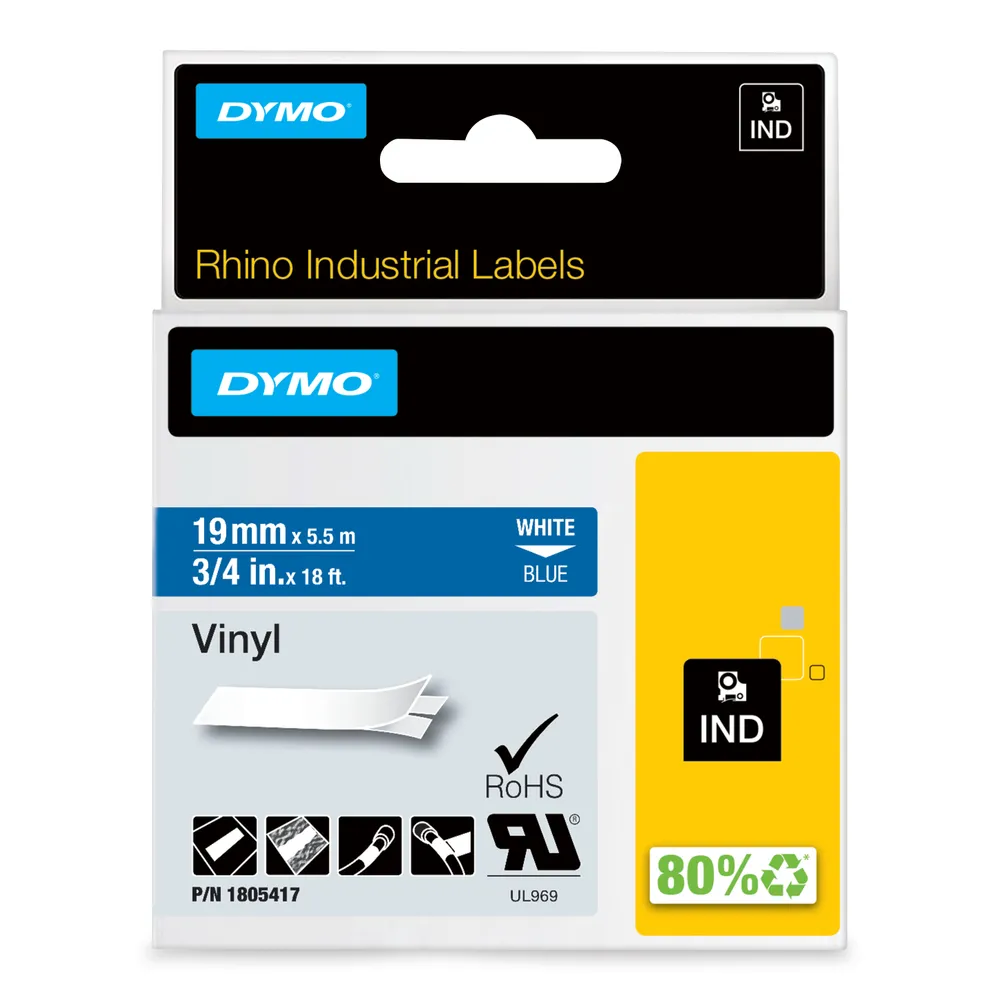 Band für Etikettiergerät DYMO Rhino 19 mm Vinyl Weiß auf Blau