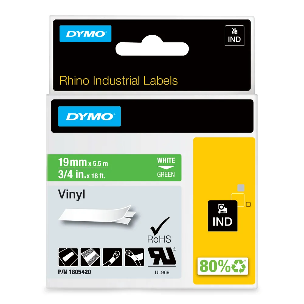 Band für Etikettiergerät DYMO Rhino Vinyl 19 mm x 5,5 m Weiß auf Grün