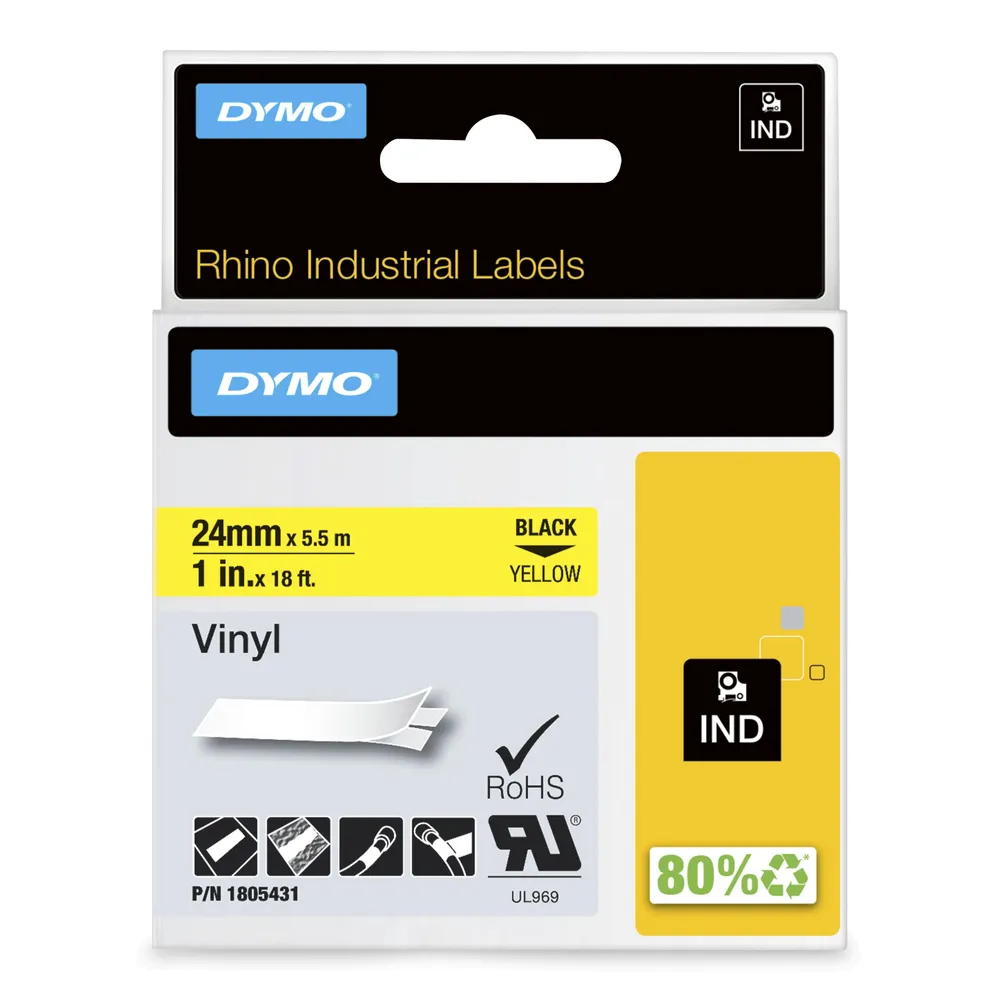 Band für Etiketten DYMO Rhino Vinyl 24 mm x 5,5 m Schwarz auf Gelb