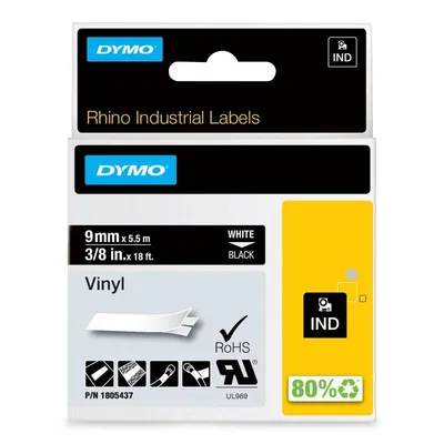 Etikettenband DYMO Rhino Vinyl 9 mm x 5,5 m Weiß auf Schwarz