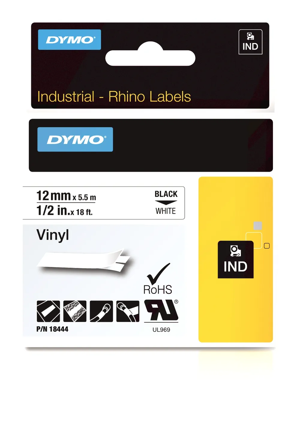DYMO Vinyl Etikettenband IND 12mm x 5,5m Schwarz auf Weiß