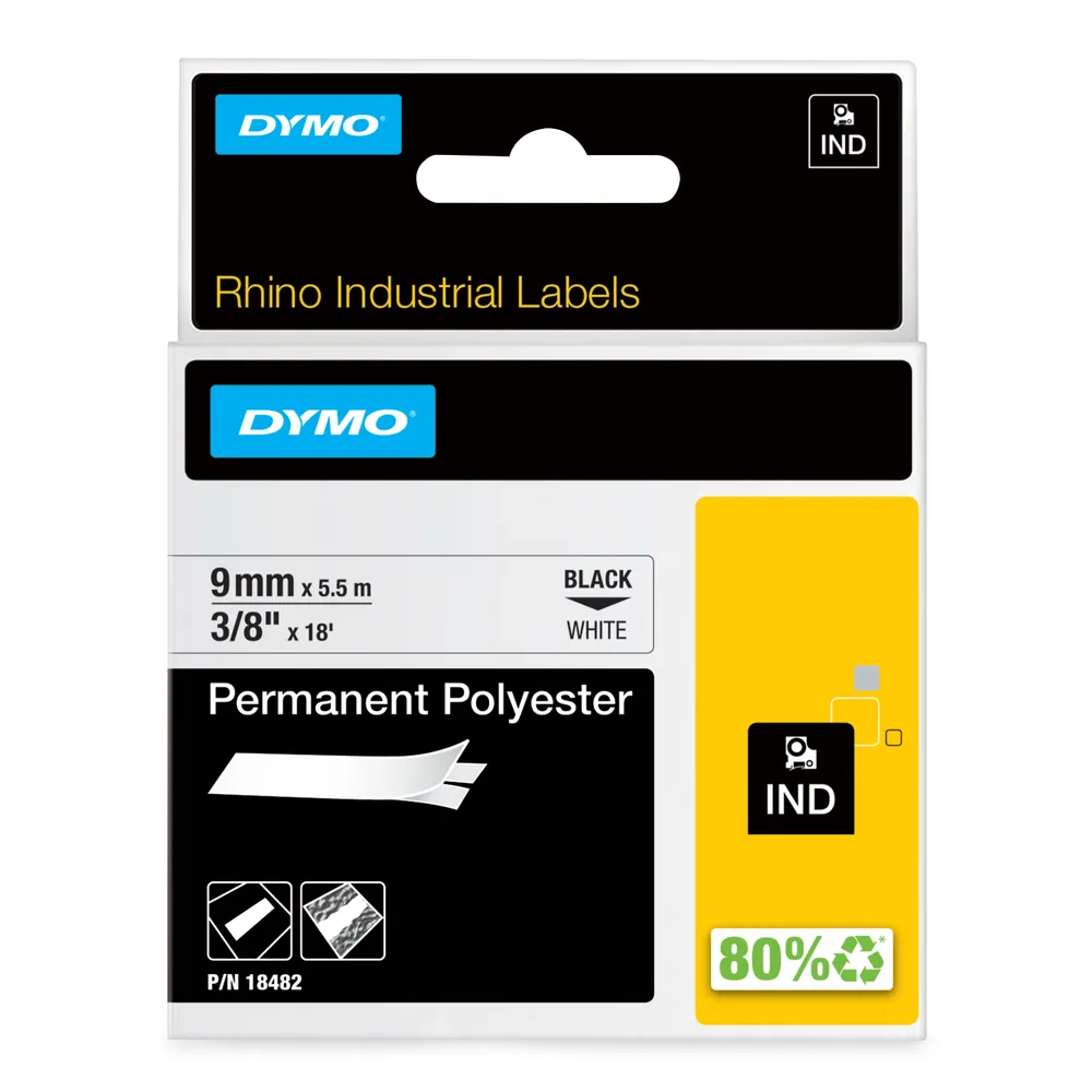 Etikettenband Dymo Rhino 18482 Polyester 9mm Schwarz auf Weiß Chemikalienbeständig