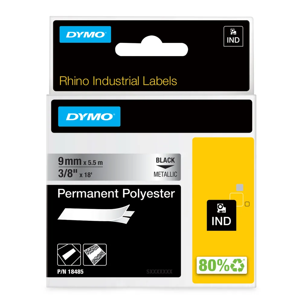 Etikettenband für Dymo Rhino-Drucker 9 mm x 5,5 m Polyester Permanent Schwarz auf Metallisch