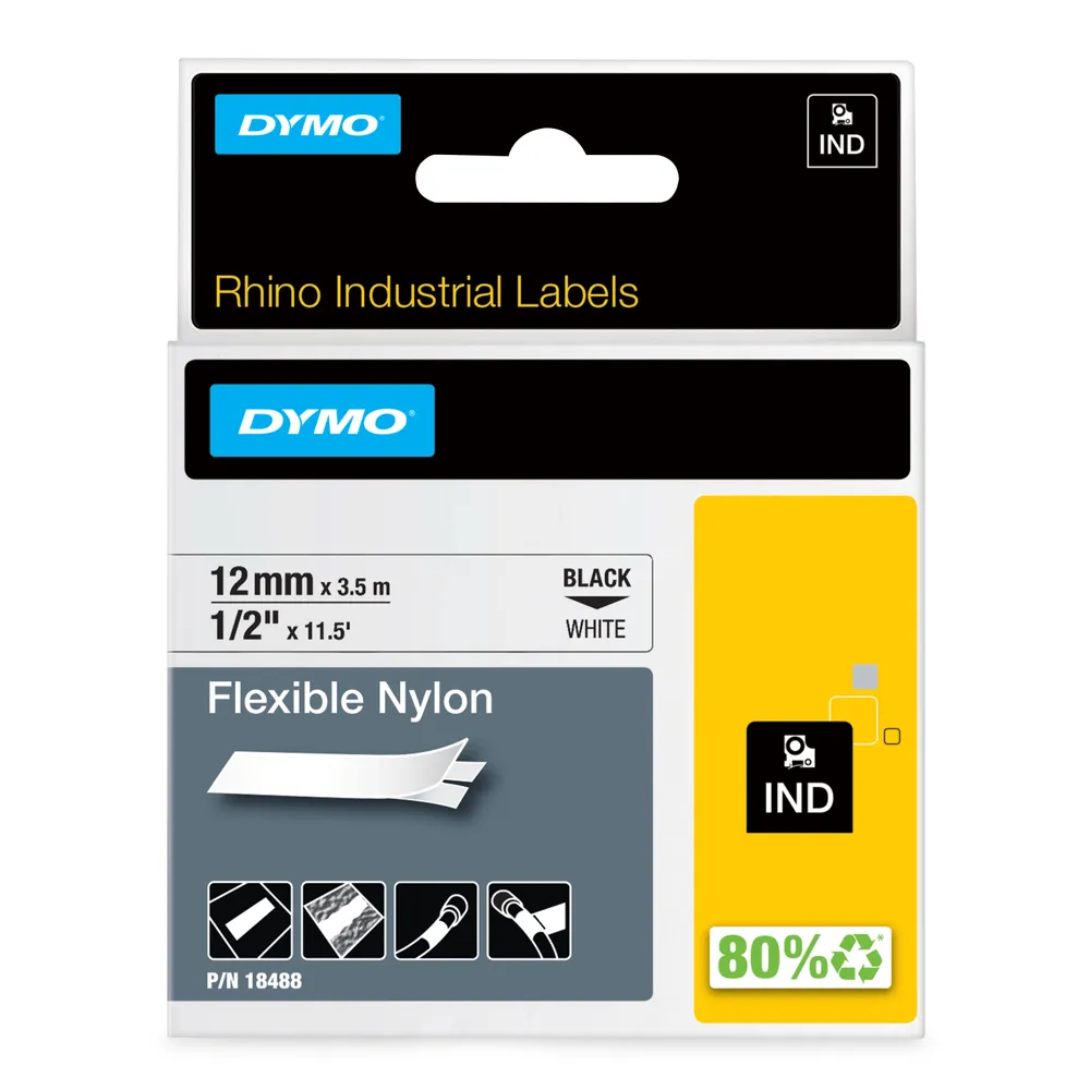 Flexible Nylon-Etiketten 12 mm x 3,5 m Schwarz auf Weiß, wasser- und kältebeständig