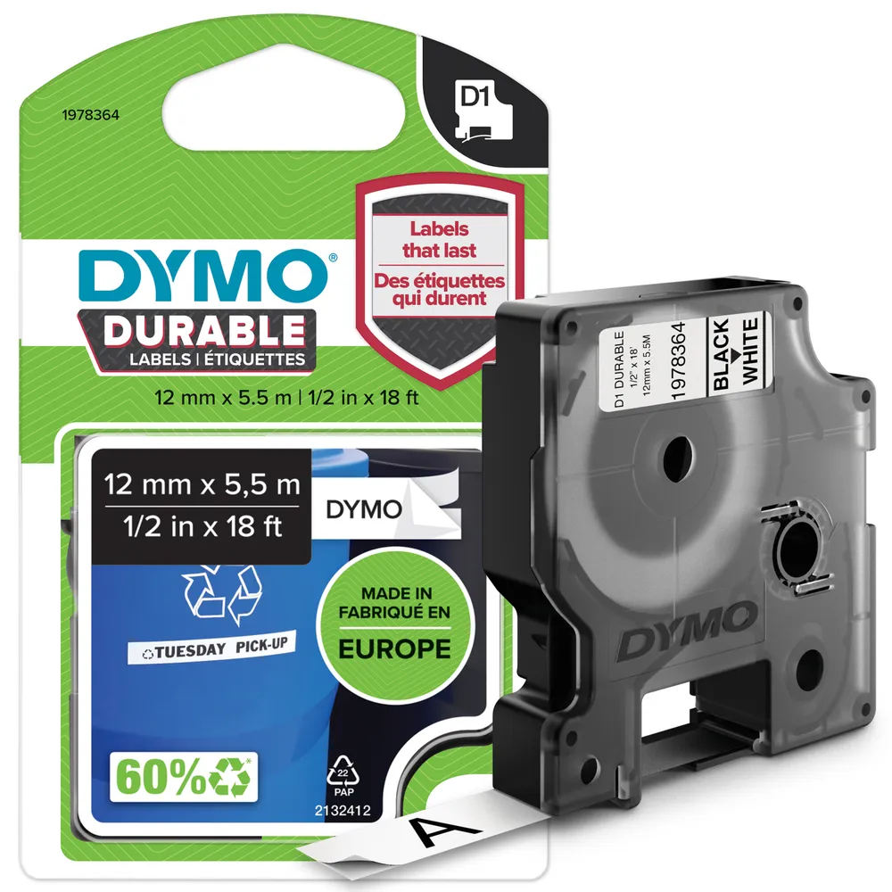 DYMO Langlebiges D1-Schriftband 12 mm x 5,5 m Schwarz-Weiß-Etiketten