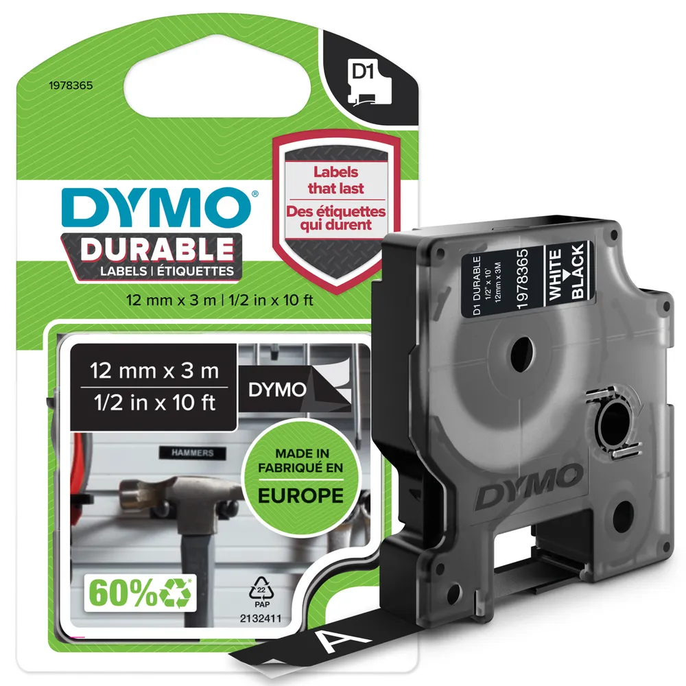 DYMO D1 Durable - White on Black - 12mm Etiketten erstellendes Band Weiss auf Schwarz