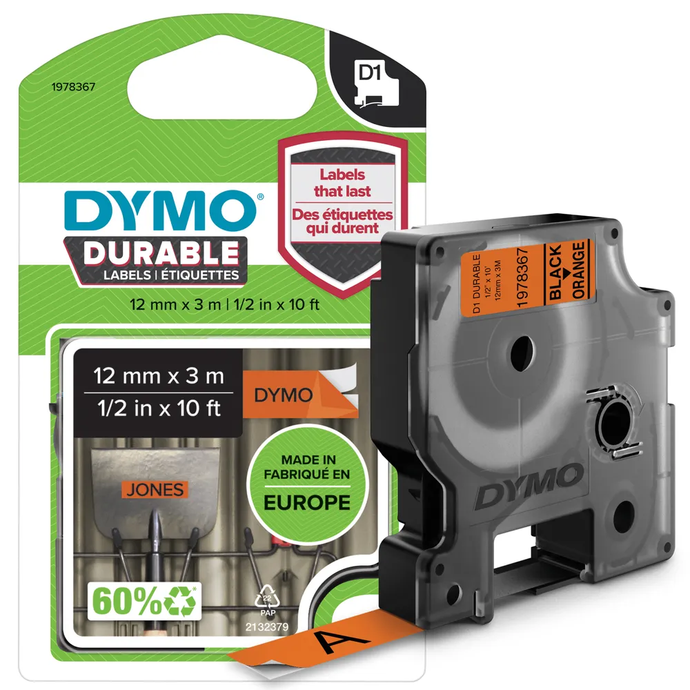 DYMO D1 Durable - White on Orange - 12mm Etiketten erstellendes Band