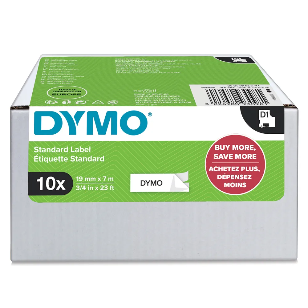 DYMO D1 weiße selbstklebende Etiketten 19 mm x 7 m 10er Pack