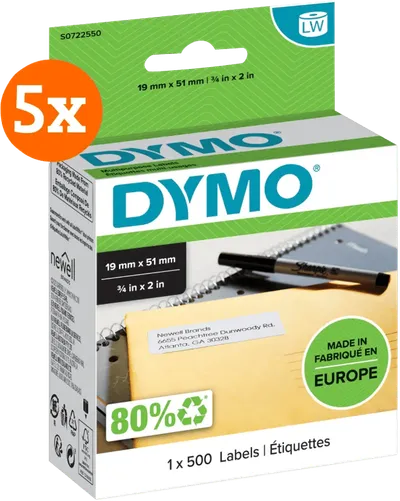 DYMO Ablösbares Etikett 19 x 51 mm 500 Stück 5er-Pack