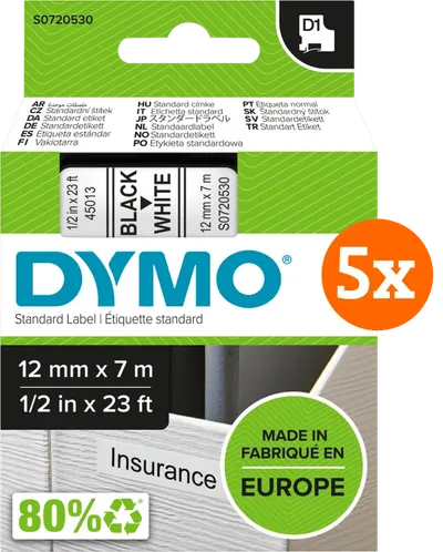 DYMO D1 12 mm x 7 m Schwarz-Weiß Etiketten 5er-Pack