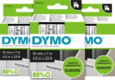 DYMO D1 12 mm x 7 m Schwarz-Weiß Etiketten 3er-Pack
