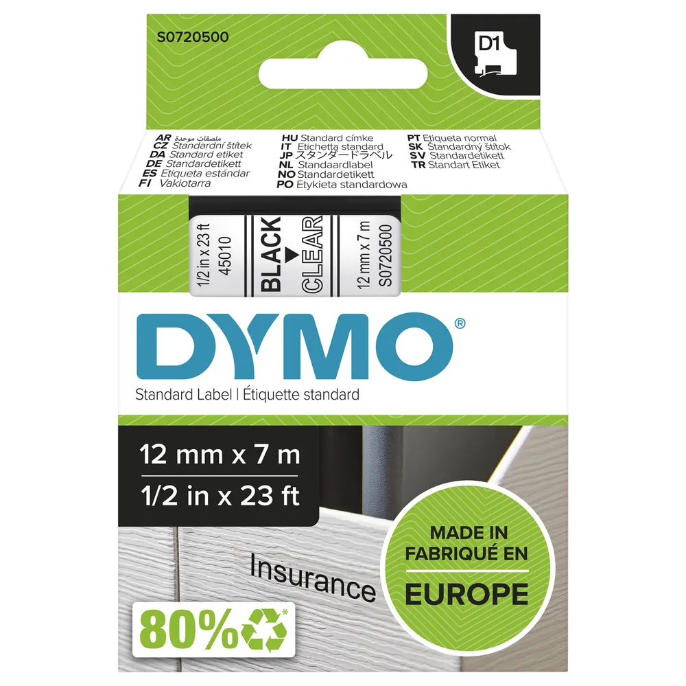Original D1-Schriftband für LabelManger, Polyester, 12mm x 7m, schwarz auf transparent