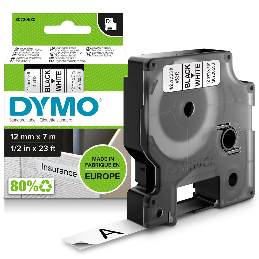 DYMO D1 12 mm x 7 m Schwarz-Weiß Etiketten