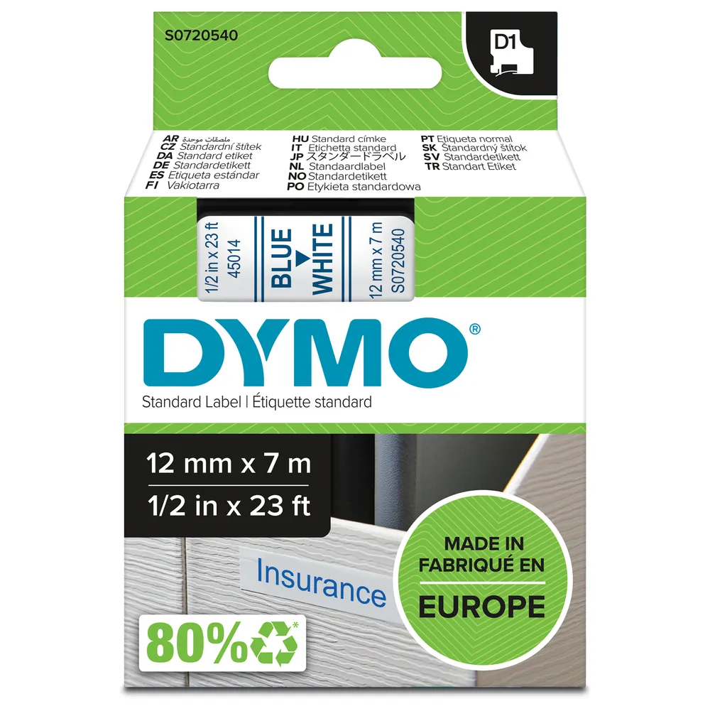Dymo D1 Polyesteretiketten 12mmx7m Blau/Weiß
