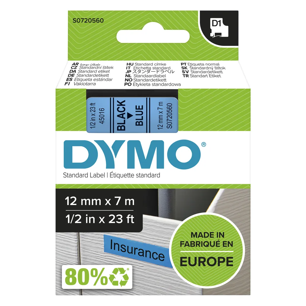 Beschriftungsband Dymo D1 12mm x 7m Schwarz auf Blau Polyester