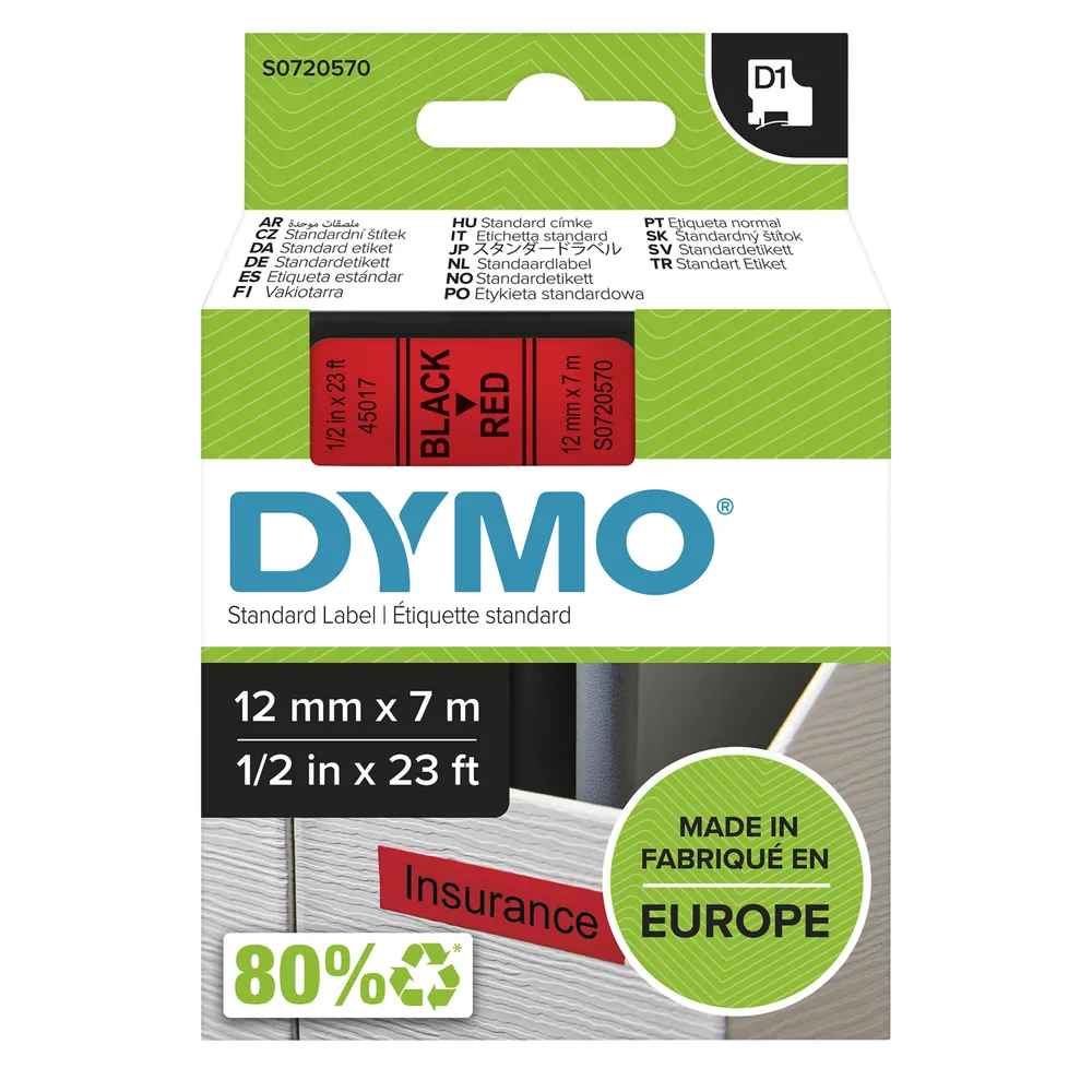 Standard-Etiketten Polyester DYMO D1 Schwarz auf Rot 12mm x 7m kompatibel mit LabelManager/LabelWriter 450 DUO