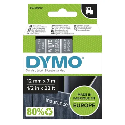 DYMO D1 Standard - White on Transparent - 12mm Etiketten erstellendes Band Weiss auf Transparent