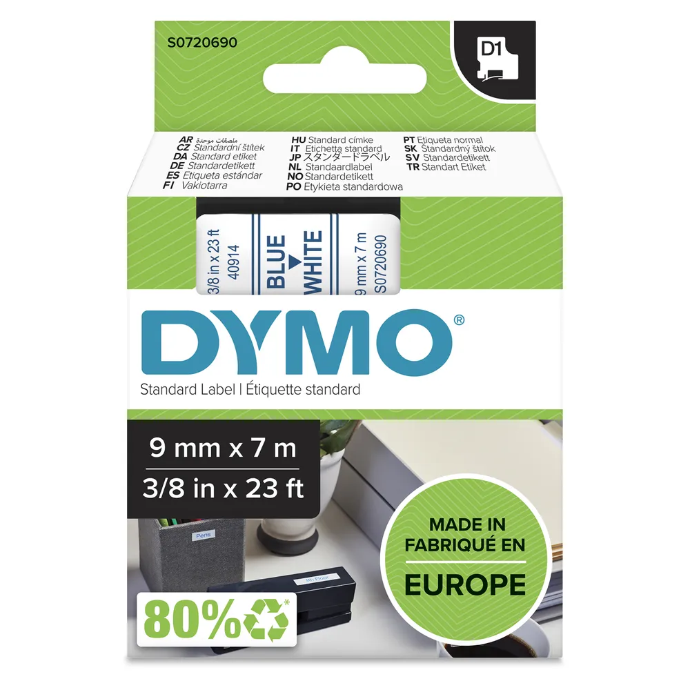 Etikettenband DYMO D1 9mm x 7m Polyester Blau auf Weiß UV-beständig