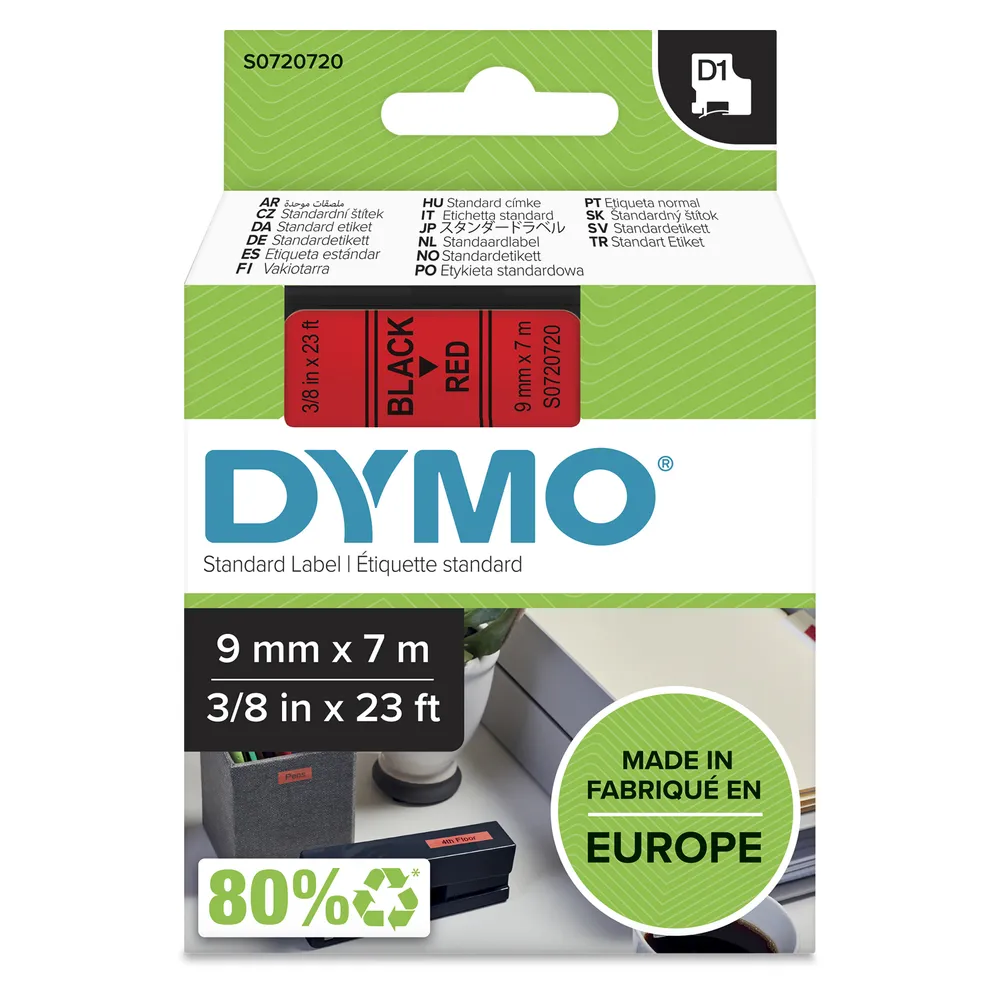 DYMO D1 Polyesteretiketten Schwarz auf Rot 9mm x 7m UV- und Wasserfest