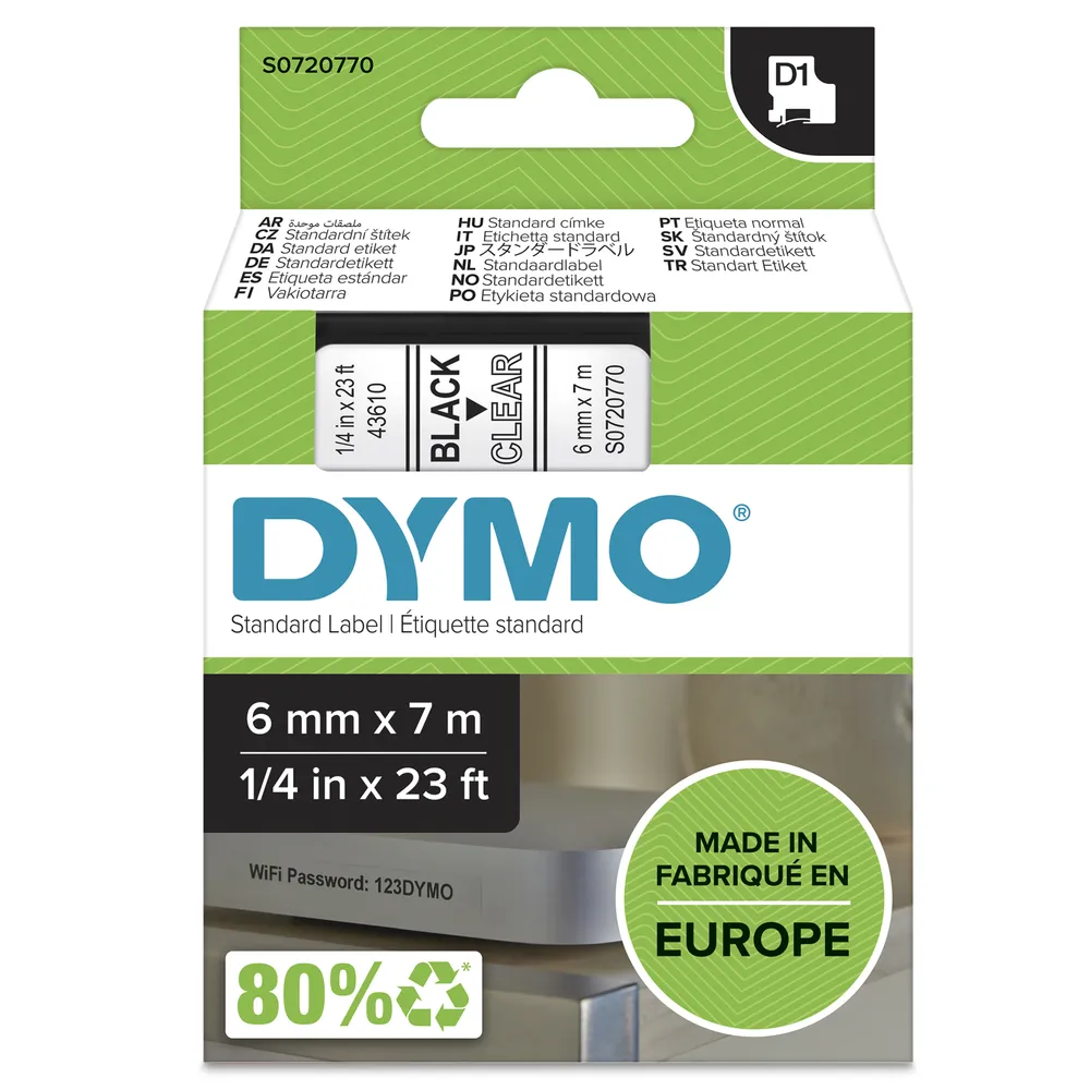 Etikettenband DYMO D1 Schwarz auf Transparent Polyester 6mm x 7m