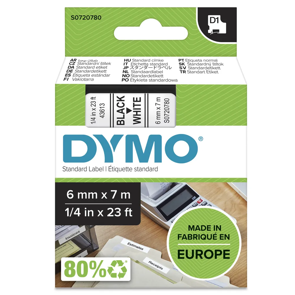 Dymo D1 Namensetiketten Schwarz-Weiß (6mm x 7m)