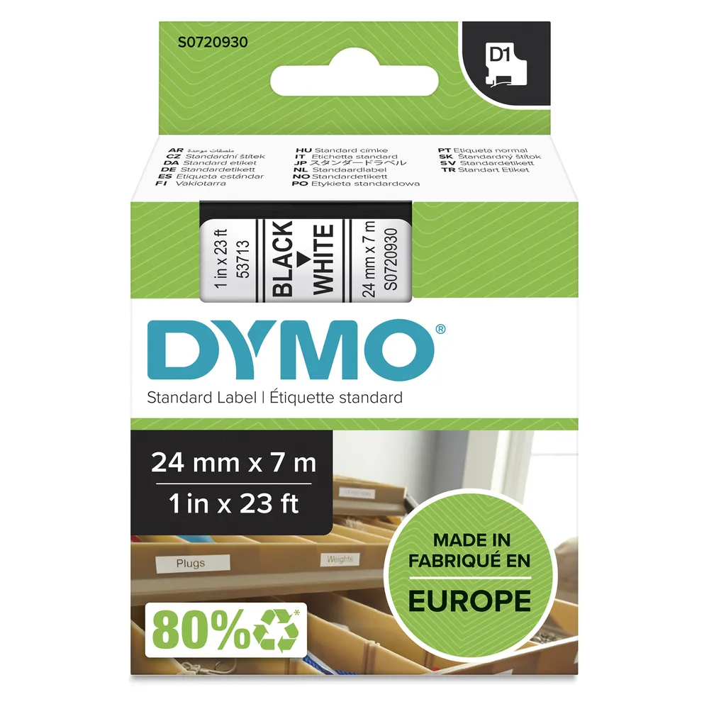 Etikettenband DYMO D1 Polyester 24mm x 7m Schwarz auf Weiß Wasser-/UV-beständig