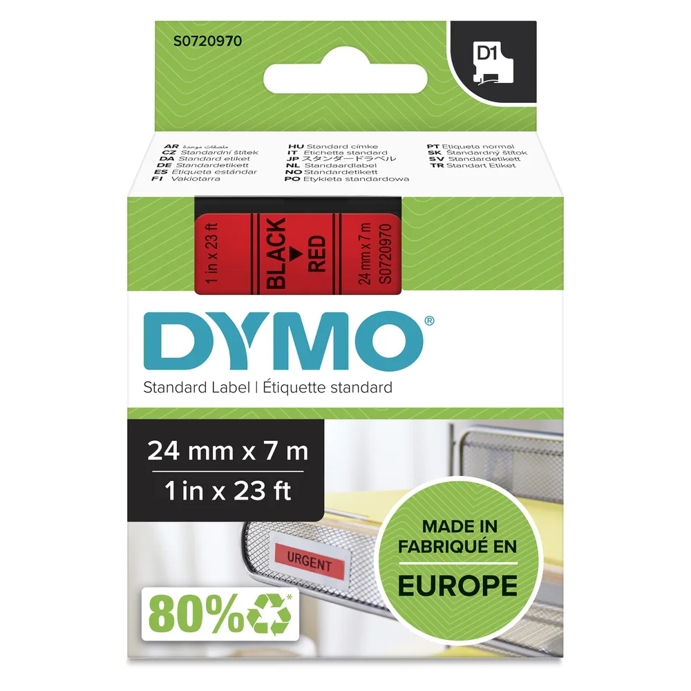 Etikettenband DYMO D1 Schwarz auf Rot 24mm x 7m Polyester UV-beständig