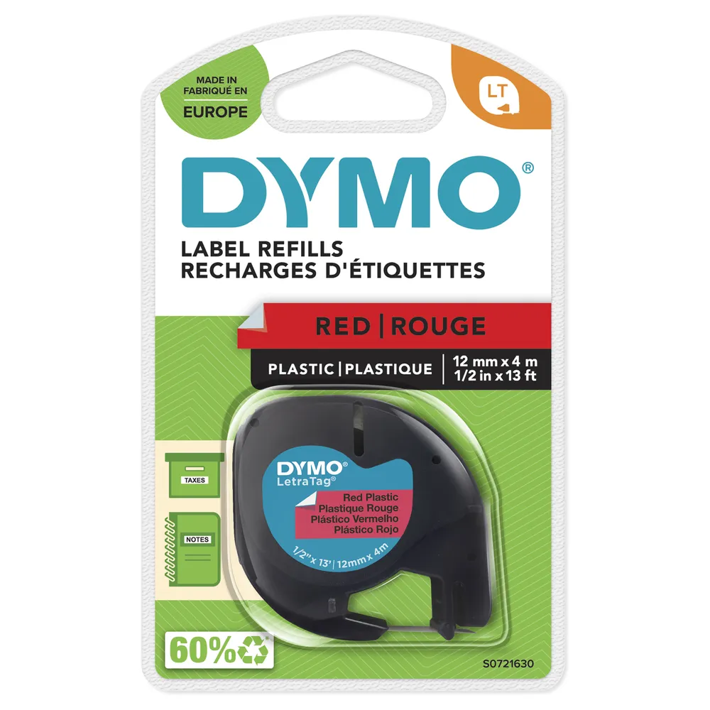 Etikettenband DYMO S0721630 Schwarz auf Rot Polyester 12 mm LetraTag