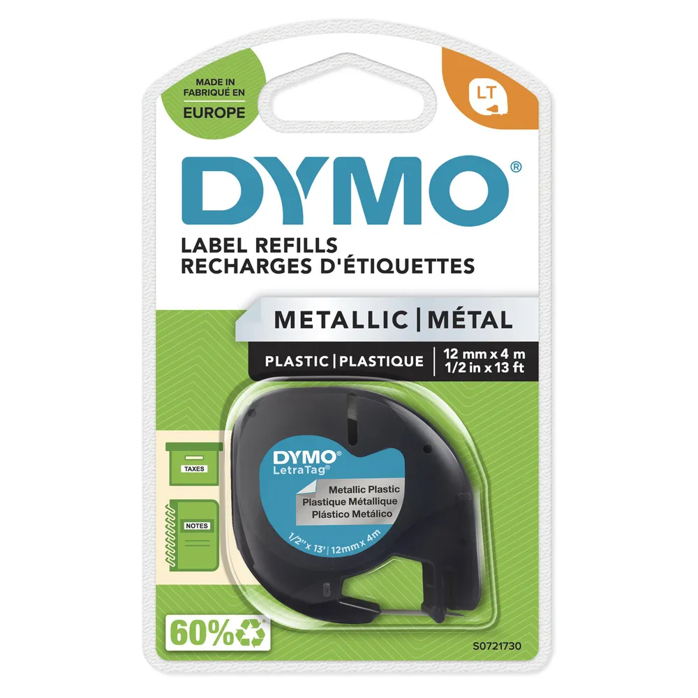 Etikettenband Dymo LetraTag 100T/100H schwarz auf metall 1,2 cm polyester