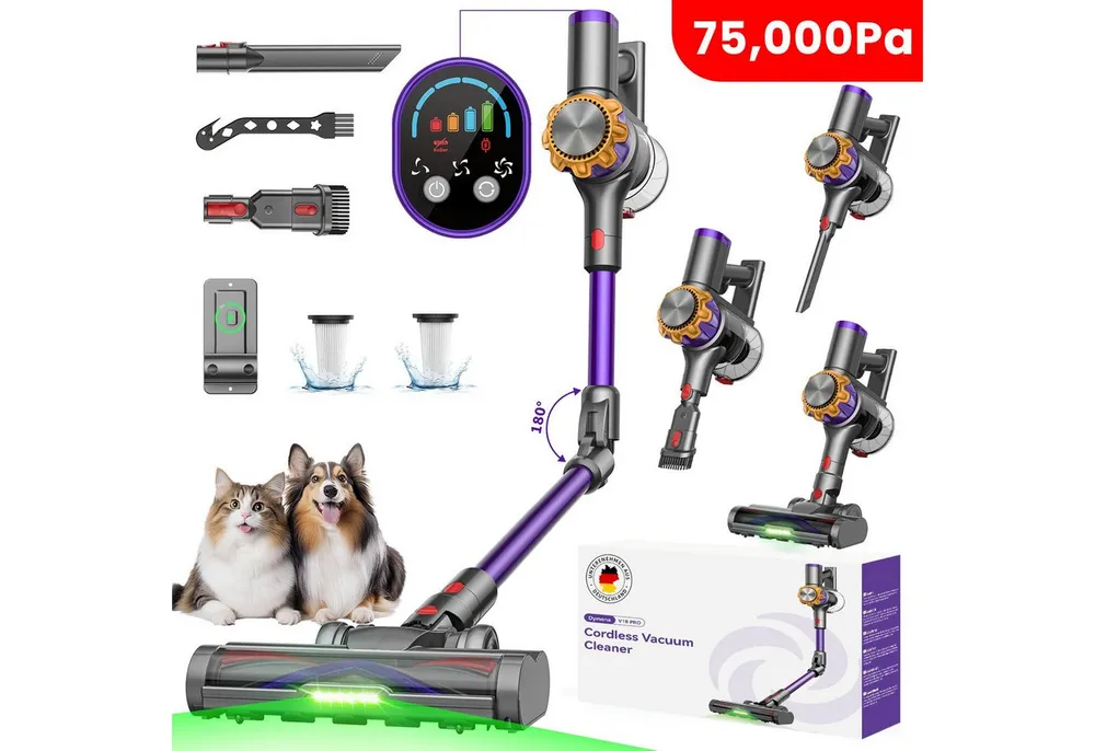 DyMona Akku-Hand-und Stielstaubsauger 75000Pa Akkustaubsauger 600W/70Min. Staubsauger Kabellos freistehend, 1,2L Elektrischer Staubsauger Flexibles Biegegelenk,Anti-Tangle Bürste, 7-fach Filtersystem,OLED Display für Böden/Teppiche/Auto/Allergiker