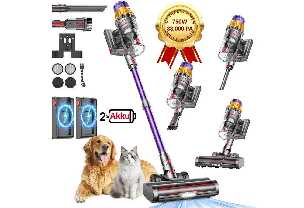 DyMona Akku-Hand-und Stielstaubsauger 88000Pa Akkustaubsauger mit 2 Akkus/750W/160Min Staubsauger Kabellos, 2,6L Staubbehälter, 50dB leise/11-Stufen-Filter/OLED Display,Ideal für Böden/Teppiche/Auto