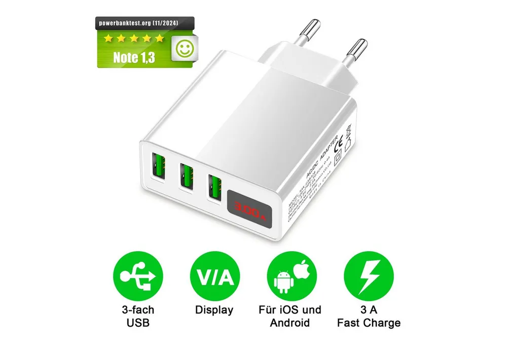 EAXUS 3A USB Netzteil mit Schnellladefunktion und Display USB-Ladegerät (3000,00 mA, 1-tlg., Zeigt Ladegeschwindigkeit an, 3 USB Ports für gleichzeitiges Laden)