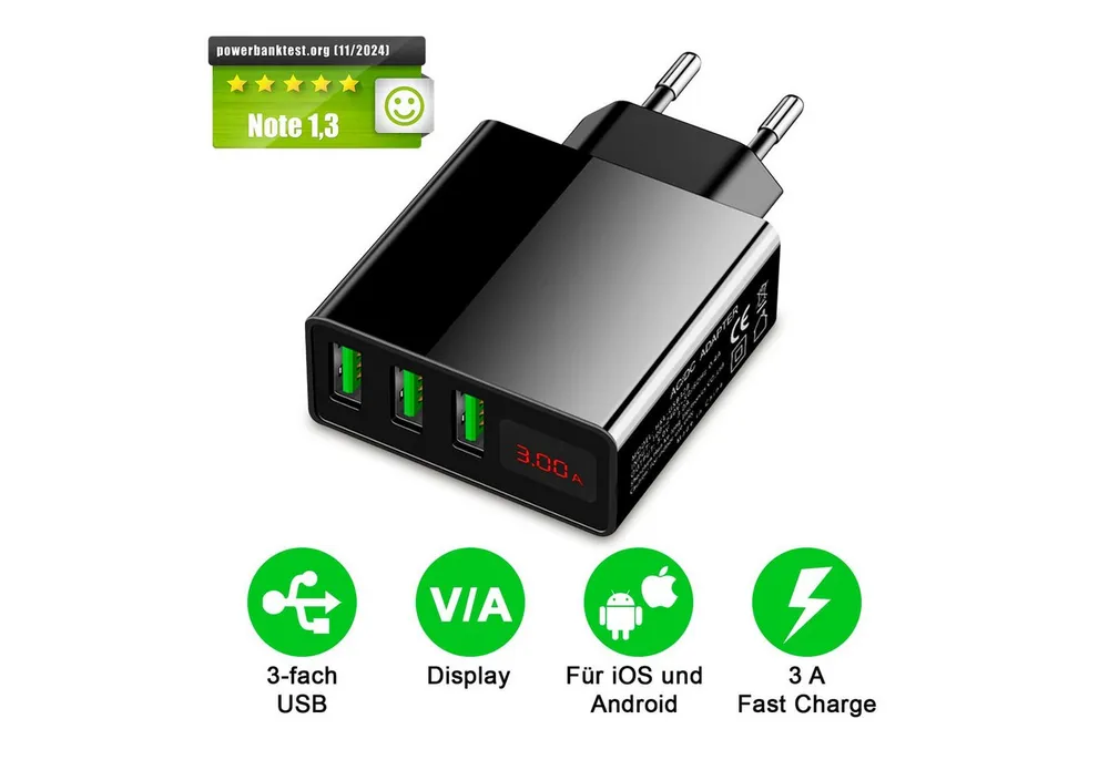 EAXUS 3A USB Netzteil mit Schnellladefunktion und Display USB-Ladegerät (3000,00 mA, 1-tlg., Zeigt Ladegeschwindigkeit an, 3 USB Ports für gleichzeitiges Laden)