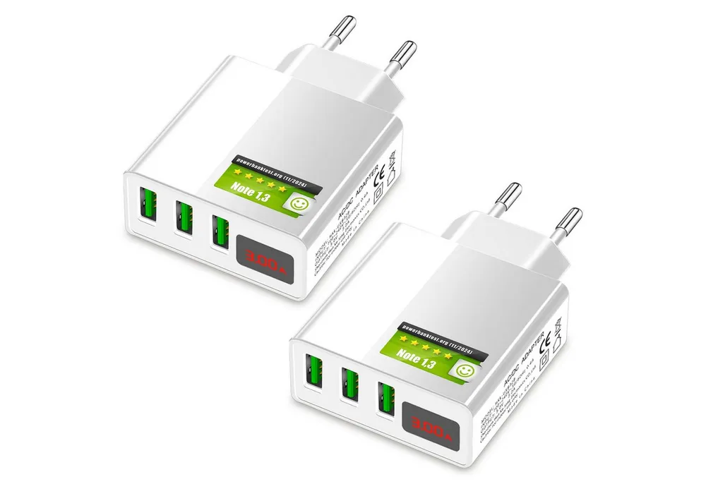 EAXUS 3A USB Netzteil mit Schnellladefunktion und Display USB-Ladegerät (3000,00 mA, 2-tlg., Zeigt Ladegeschwindigkeit an, 3 USB Ports für gleichzeitiges Laden)