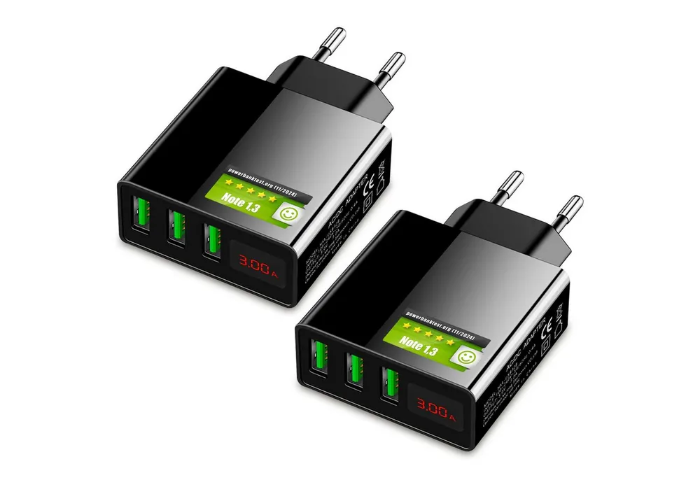 EAXUS 3A USB Netzteil mit Schnellladefunktion und Display USB-Ladegerät (3000,00 mA, 2-tlg., Zeigt Ladegeschwindigkeit an, 3 USB Ports für gleichzeitiges Laden)