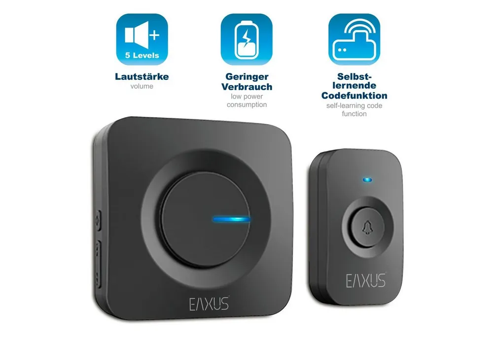 EAXUS Türklingel-Set moderne Haustürklingel 200m Reichweite, 52 Klingeltöne, (Schwarz/Weiß - 1/2 Empfänger), LED Anzeige, IP56 wasserdicht, 5 Lautstärkestufen
