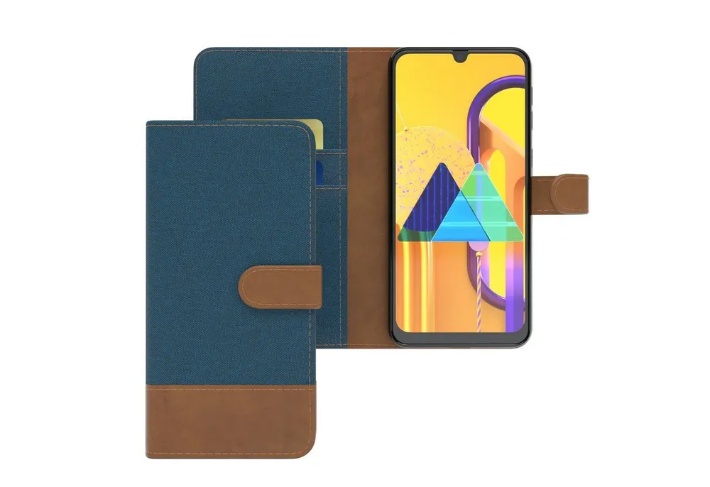 EAZY CASE Handyhülle Bookstyle Jeans für Samsung Galaxy M30s / M21 6,4 Zoll, Klappcase mit Standfunktion und Kartenfach Stoff Schutzhülle Blau
