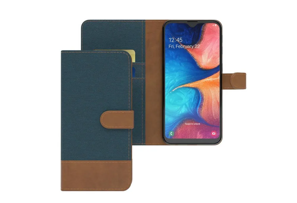 EAZY CASE Handyhülle Bookstyle Jeans für Samsung Galaxy A20e 5,8 Zoll, Klappcase mit Standfunktion und Kartenfach Stoff Schutzhülle Blau