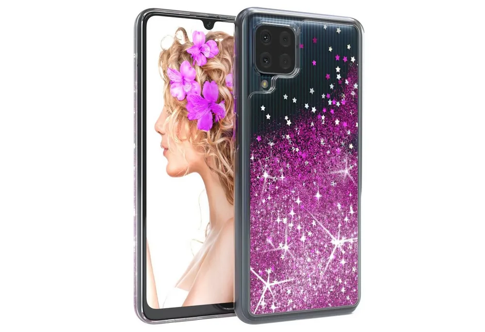 EAZY CASE Handyhülle Liquid Glittery Case für Galaxy M22 / M32 / A22 4G 6,4 Zoll, Bumper Case Back Cover Glitter Glossy Handyhülle Etui Violett Lila