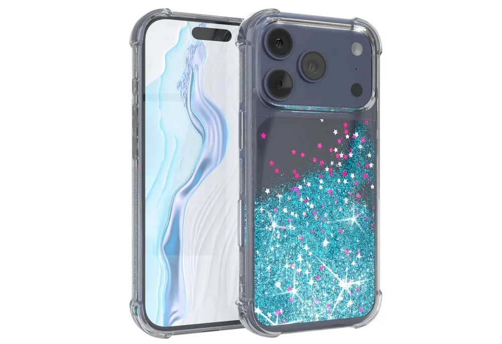 EAZY CASE Handyhülle Liquid Glittery Case für Apple iPhone 17 Pro 6,3 Zoll, Gloss Slimcover Girly Backcover Bling Phone Case kratzfeste Cover Blau