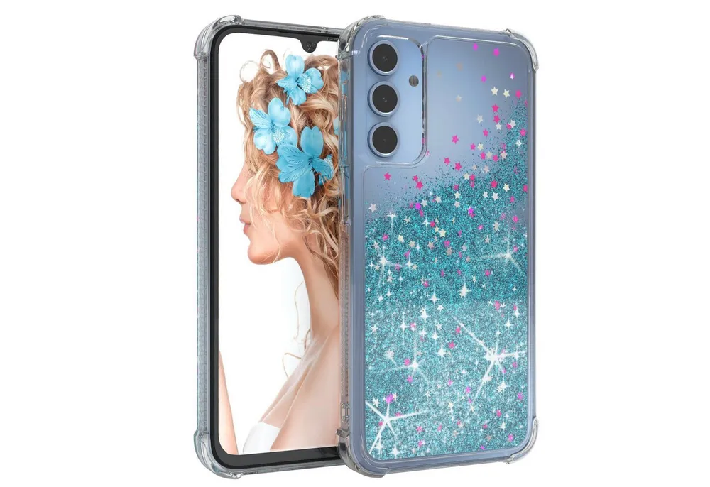 EAZY CASE Handyhülle Liquid Glittery Case für Samsung Galaxy A15 6,5 Zoll, Gloss Slimcover Girly Backcover Bling Phone Case kratzfeste Cover Blau
